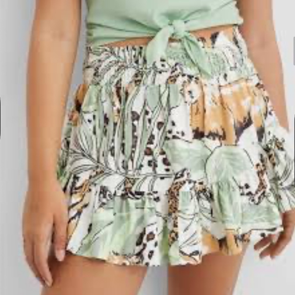 Aerie Safari Mini Skirt Womens Small Linen Ruffle Pull On Zebra Tiger Hi low